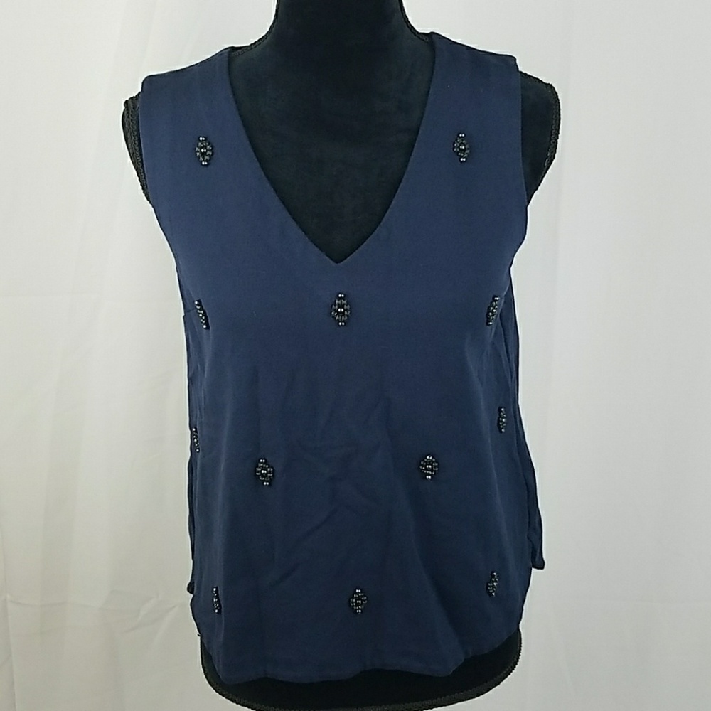 Madewell women S blue embellished beaded ponte nightshine V-Neck tank top career